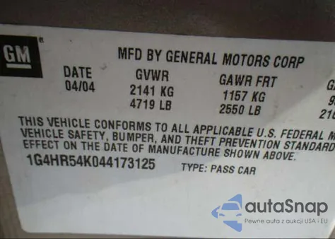 2004 Buick Lesabre Limited z USA, uszkodzony, nr VIN 1G4HR54K044173125